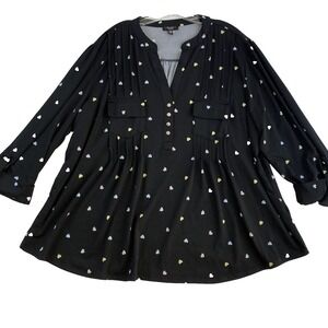 Cocomo Blouse‎ Top Women Sz 3X Black Hearts 3/4 Sleeve Casual Office Everyday